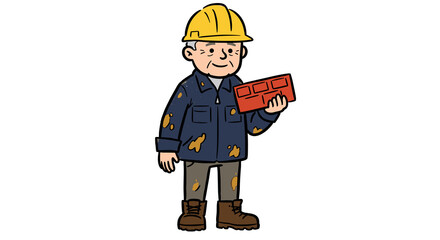 Fototapeta premium elderly construction worker smiling with a brick on a white background 