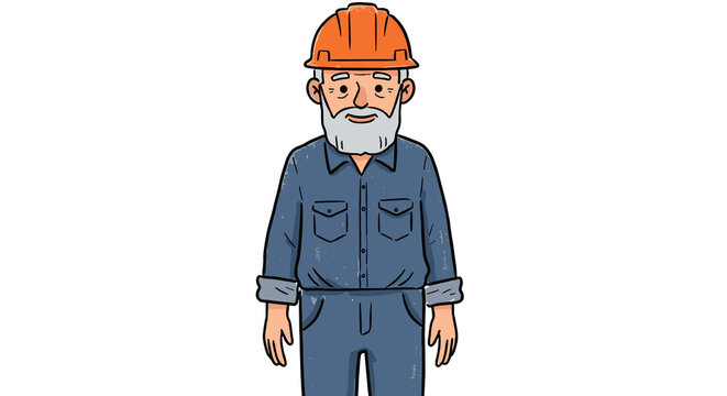 elderly construction worker standing in safety gear on white background  