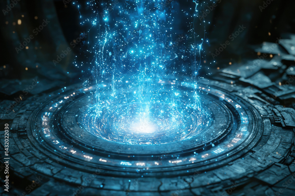 Poster glowing blue energy surges from a futuristic, circular device, creating a mesmerizing vortex.