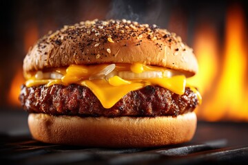 Close-up shot of a delicious cheeseburger, stacked with a juicy patty, melted cheese and onion, set against a warm, fire-like background for a restaurant menu.