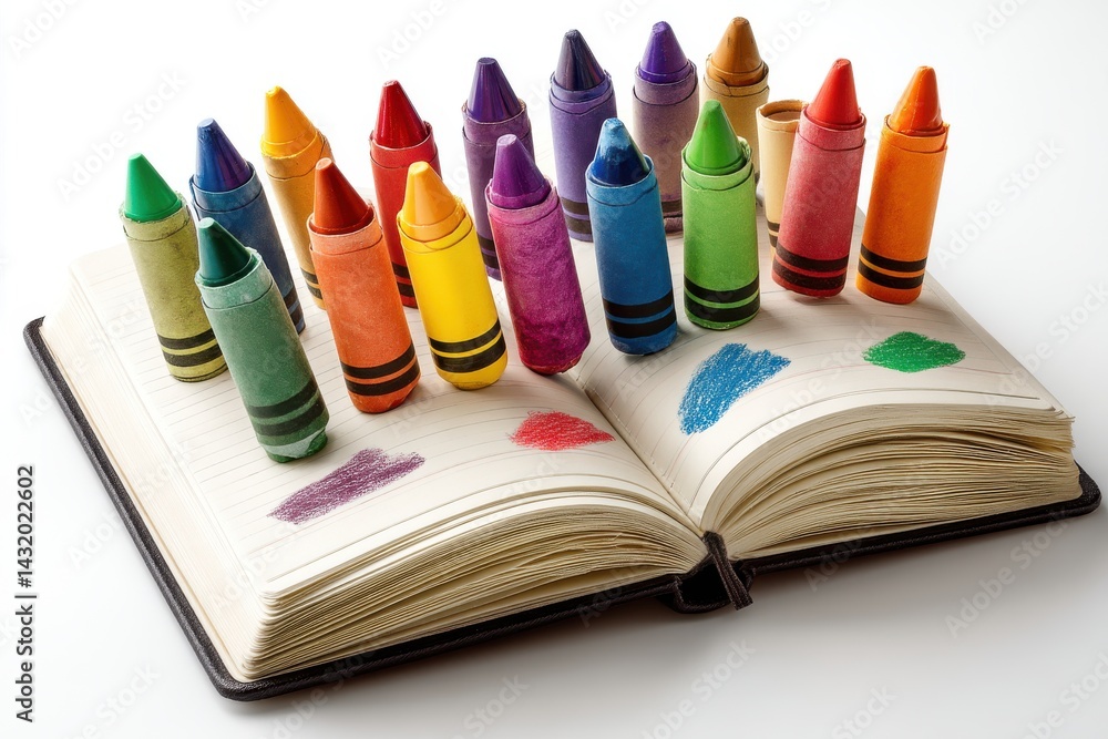 Poster vibrant assortment of colorful crayons resting on an open notebook with scribbles, showcasing the ar