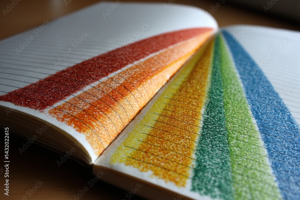 Poster an open notebook with rainbow colored lines on the pages, a vibrant and creative display of colors m