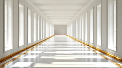 Obraz premium Elegant White Hallway with Golden Accents and Sunlight Streaming Through Tall Windows