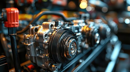 Fototapeta premium Close-up of a Car Engine's Air Conditioning Compressor and its Mechanical Components