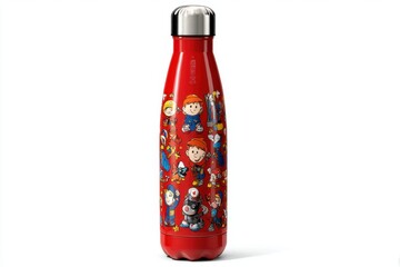 A vibrant red reusable water bottle, adorned with playful cartoon characters, perfect for staying hydrated on the go and reducing single-use plastic waste. Keep cool!