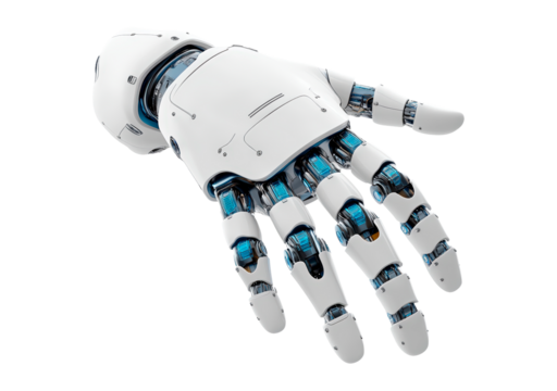 Futuristic white robotic hand isolated on transparent background