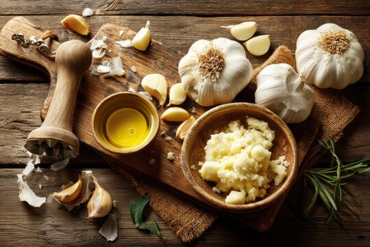 Overhead shot capturing the preparation of garlic ingredients on rustic wood surface, featuring bulb, cloves, crushed garlic, and olive oil, ready for cooking.