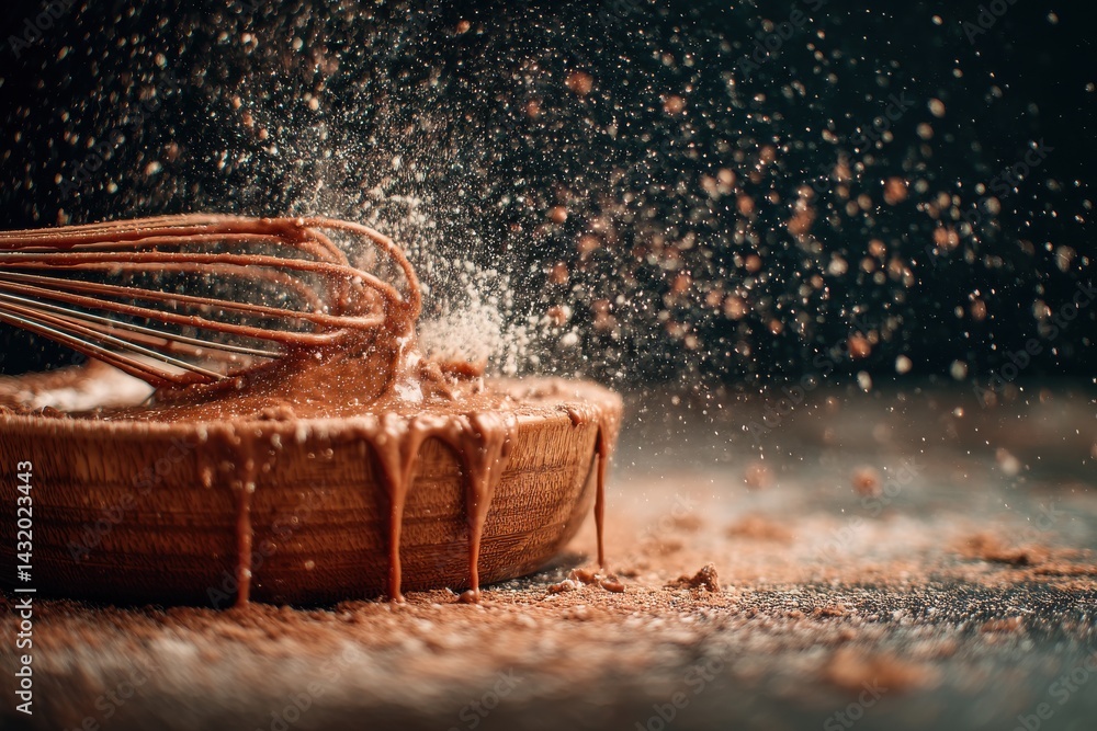 Poster a close up of chocolate being mixed in a bowl with flour being added, creating a dynamic food photog