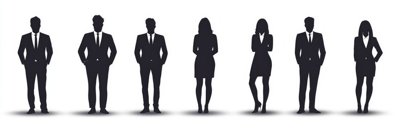 Silhouettes of business people working together set against a white isolated background