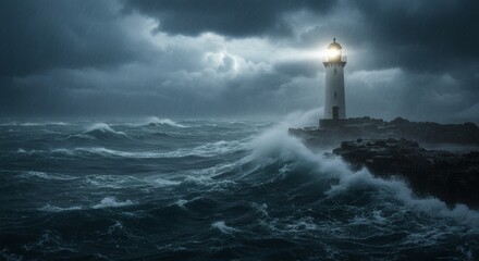 A lone lighthouse bravely stands against a violent storm with powerful ocean waves.