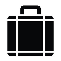 This business travel symbol showcases a black metal suitcase, an icon of portable luggage with a sturdy handle and secure lock, isolated on a clean white background, ideal for web design