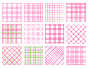 Spring plaid seamless patterns, Pastel pink and green doodle check and grid seamless vector pattern
