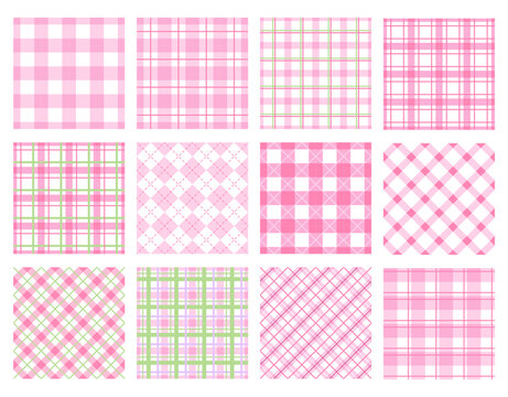 Spring plaid seamless patterns, Pastel pink and green doodle check and grid seamless vector pattern