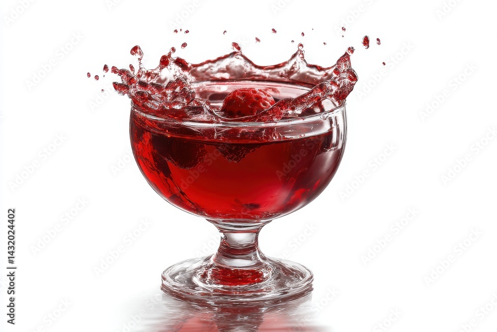 Poster a vibrant image showcasing a raspberry splashing into a glass of red liquid, creating a dynamic crow