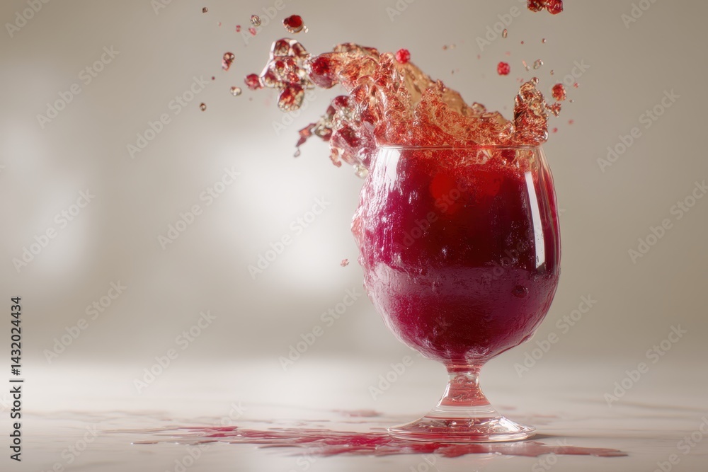 Poster a captivating studio shot showcasing a glass filled with vibrant red liquid, creating a dynamic spla