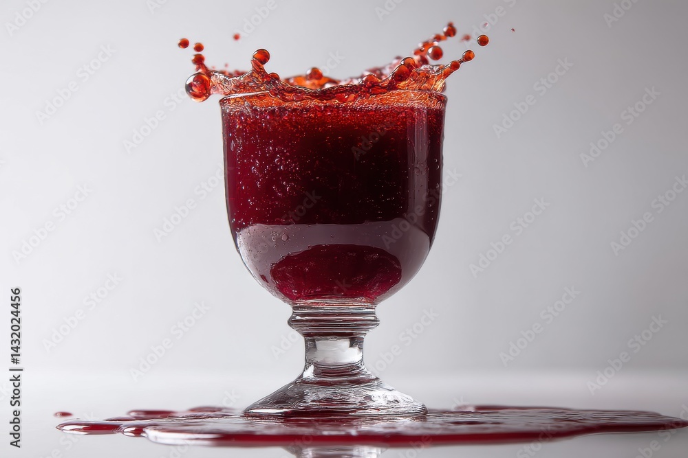 Poster a dynamic shot of a glass filled with red liquid causing splash on the surface, creating a visually 