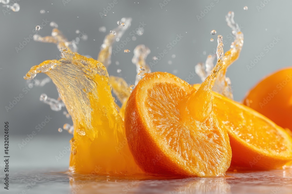 Poster freshly sliced oranges with juice splashing, creating a vibrant and refreshing scene, perfect for sh