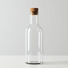 Fototapeta premium A clear glass bottle with a cork top, simple and elegant, presented on a white surface.