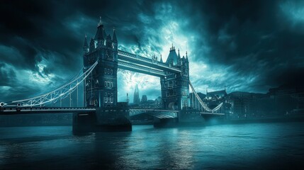 Mysterious Tower Bridge at Night with Dark Clouds and Reflections