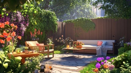 Fototapeta premium A Beautiful Garden Oasis with Colorful Flowers and Cozy Seating Areas