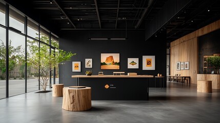 Modern art gallery interior, large windows, artwork display, wood accents, minimal design