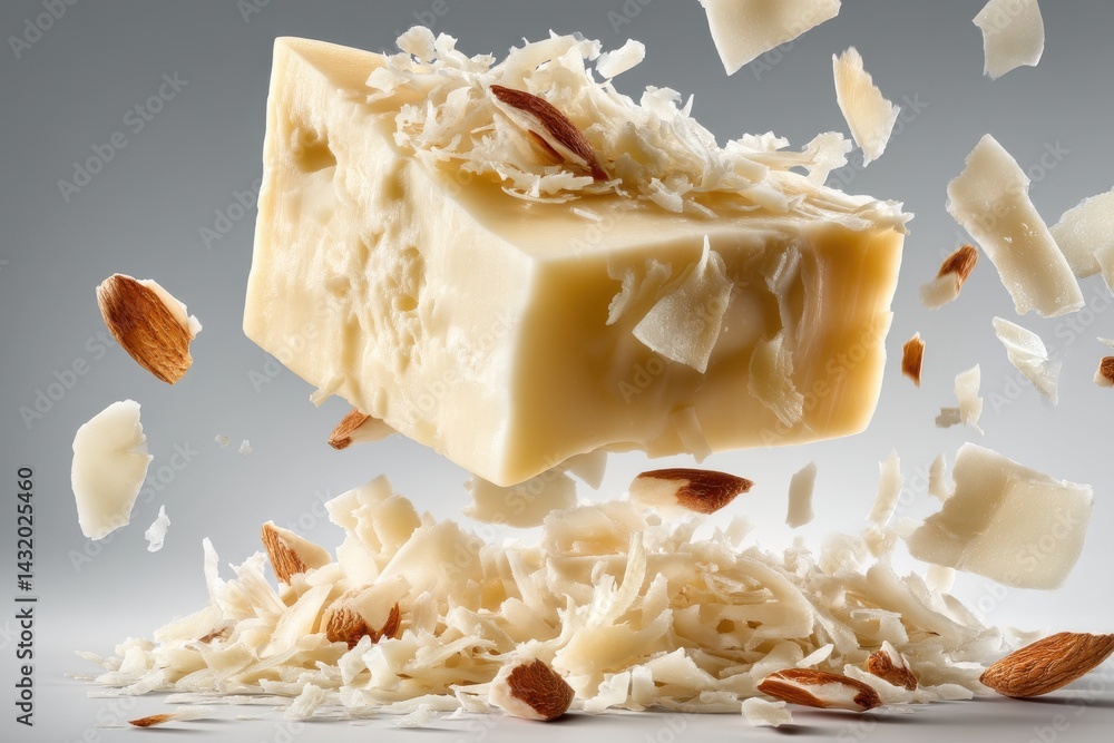 Poster macro shot of white chocolate block with shredded chocolates and almonds around it, creating a sweet