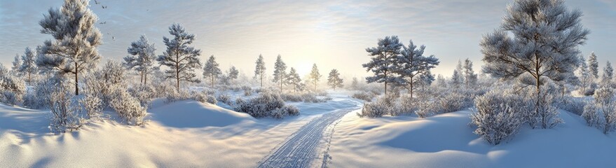 Obraz premium A winter wonderland is formed by trees and mountains covered in snow