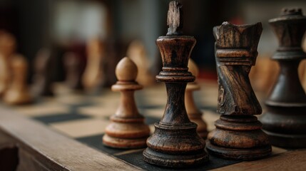 Vintage chess pieces on a wooden board