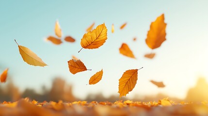 Golden Autumn Leaves Falling Against a Bright Sky