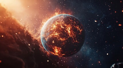 Fototapeta premium A Fiery Earth Amidst the Cosmic Background of Space and Stars
