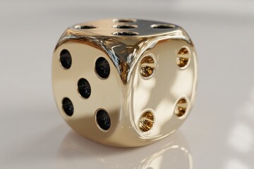 Close-up of a golden dice with black dots on a white reflective surface, showcasing the details and reflections of the metallic surface and the game of chance.