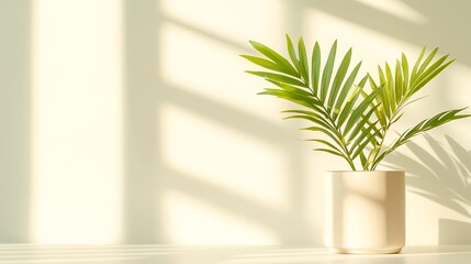 Green Palm Plant in White Pot in Sunny Living Room Interior