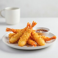 Golden fried tempura shrimp, served on a white plate with dipping sauce, ready to be enjoyed.
