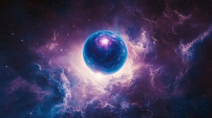 Obraz premium A stunning cosmic scene showcasing a vibrant blue planet surrounded by colorful swirling nebulae in deep space.