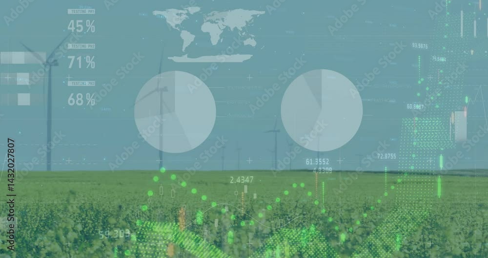 Poster wind turbines lining horizon generating energy data while showing pie charts and bar graphs