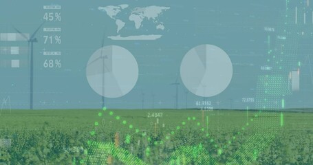 Wind turbines lining horizon generating energy data while showing pie charts and bar graphs - Powered by Adobe