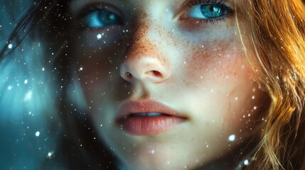 A close-up of a young woman with sparkling eyes and glowing skin, surrounded by a dreamy cosmic background filled with stars.