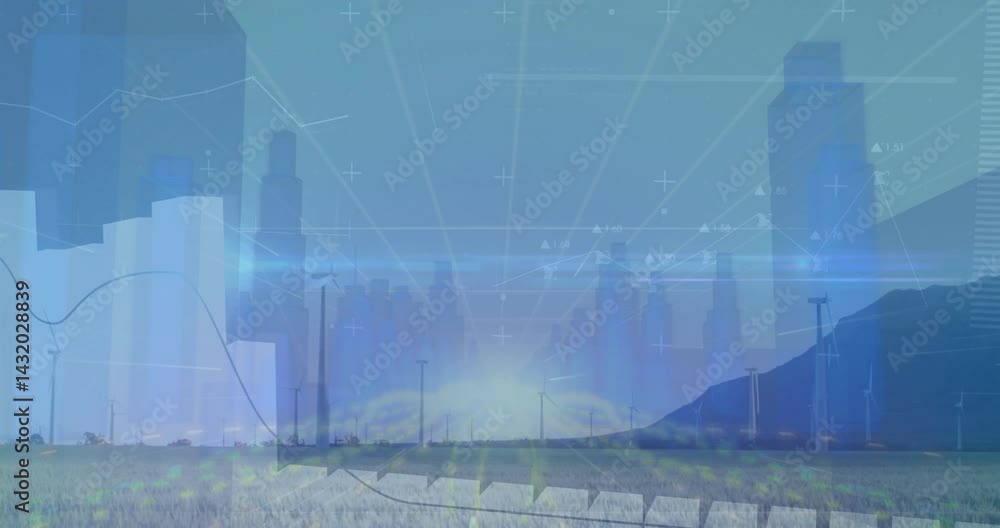 Poster wind turbines being visualized across field in 3d render with skyscrapers and line charts