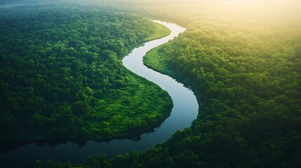 Fototapeta premium Lush forest landscape showcasing a winding river.