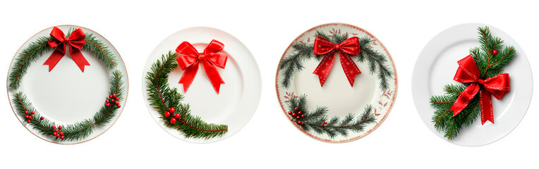 Set of white plate features festive arrangement with red ribbon bow and green pine branch isolated on transparent background