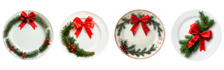 Set of white plate features festive arrangement with red ribbon bow and green pine branch isolated on transparent background