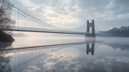 Fototapeta premium Misty morning at a beautiful bridge reflecting in calm waters. Nature and architecture blend in a serene landscape.