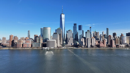 Obraz premium New York Skyline At Manhattan In New York United States. Highrise Buildings Scenery. Financial District. New York Skyline At New York United States. Coastline Landscape. 
