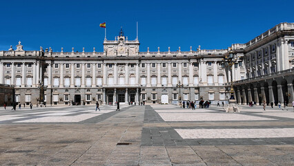 Obraz premium Royal Palace Of Madrid At Madrid In Community Of Madrid Spain. Medieval Buildings Landscape. Downtown District. Capital City Scenery. Royal Palace Of Madrid In Spain. Beautiful Cityscape.
