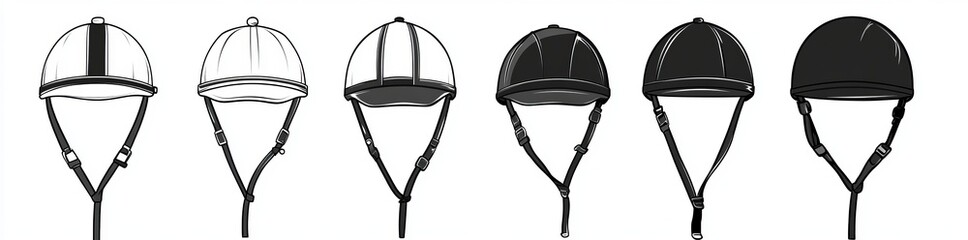 Fototapeta premium The gathering of equestrian helmets and horse head illustrations displays an array of diverse styles and designs