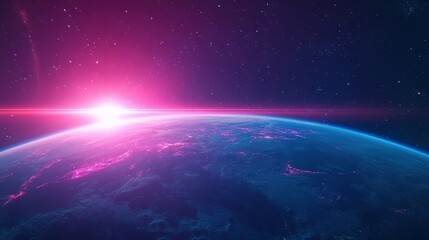 Fototapeta premium A stunning view of Earth with a vibrant sunrise in space. Bright colors illuminate the horizon against the vast dark universe.