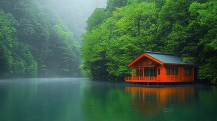 Fototapeta premium Serene Lakeside Cabin in Misty Green Forest