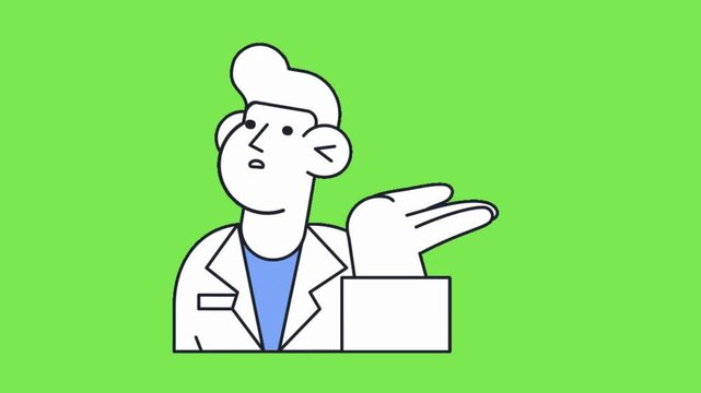 Animated Minimalist Doctor Gesturing with Open Palm in Flat Design Style on Green Screen Background