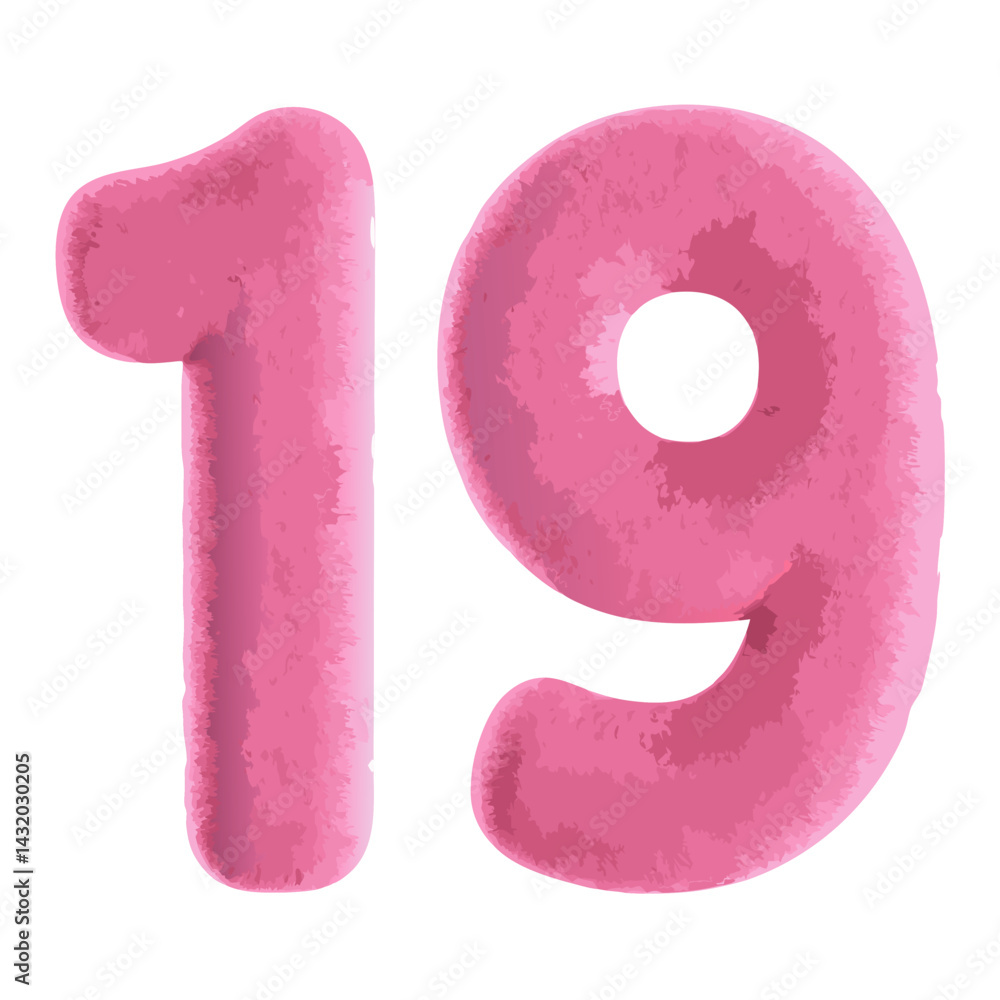 Poster a single digital render of the number nineteen in pink, the texture resembling soft fur. a charming 