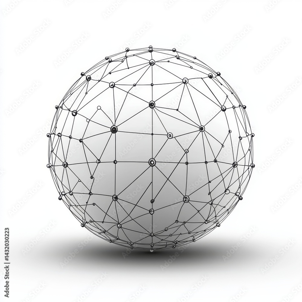 Poster interconnected nodes arranged in a spherical pattern within a minimalist framework represent the rea